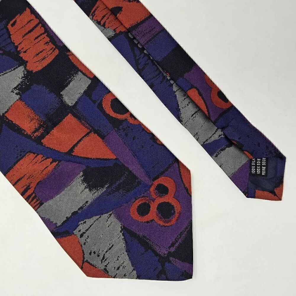 VINTAGE PACC SILK TIE RED BLUE PURPLE GRAY ABSTRACT 80'S 90'S RETRO 3.75" X 59"
